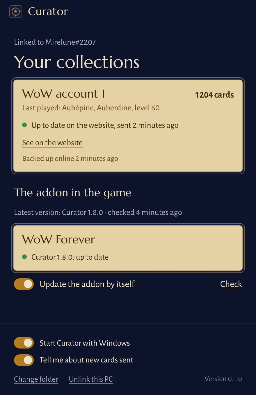 The Curator app: the collection linked to the site, the addon up to date in WoW Forever.