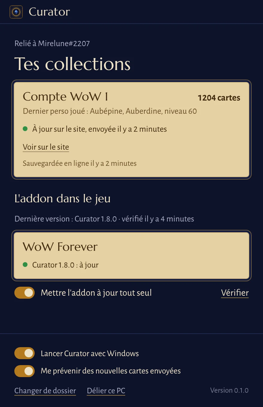 L'appli Curator : la collection reliée au site, l'addon à jour dans WoW Forever.